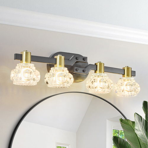24-Inch 4-Light Black and Gold Iron Vanity Light with Crystal Shades