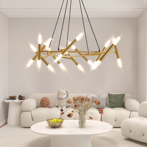 41-Inch Gold Iron Branch Chandelier with Frosted Tubes, Adjustable Height