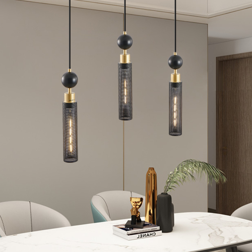25-Inch Black and Gold Iron 3-Light Pendant with Cylindrical Mesh Shades