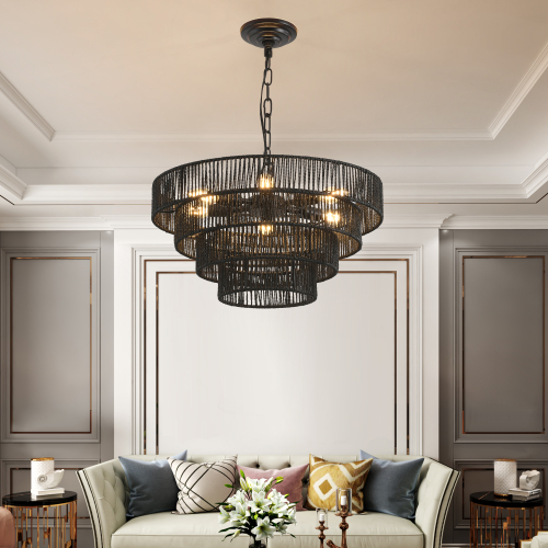 20-Inch Black Iron and Rope 4-Tier 6-Light Pendant Chandelier