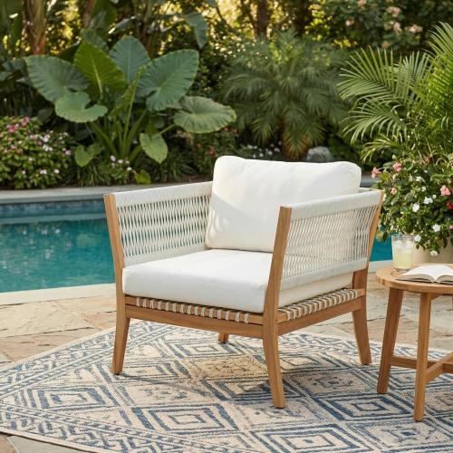 30.3" Outdoor Acacia Wood Patio Chair with Woven Rope Accents, Weather-Resistant Single Lounge Chair with Thick Cushions, Modern Accent Chair for Backyard, Deck, Poolside - Natural+Beige - Acacia Wood,Waterproof Fabric - Natural - Beige