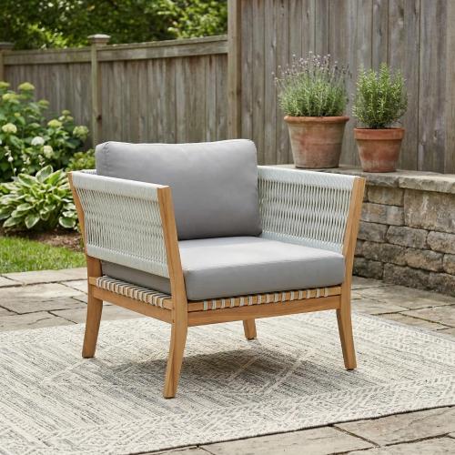 30.3" Outdoor Acacia Wood Patio Chair with Woven Rope Accents, Weather-Resistant Single Lounge Chair with Thick Cushions, Modern Accent Chair for Backyard, Deck, Poolside - Natural+Grey - Acacia Wood,Paper Rope,Waterproof Fabric - Grey