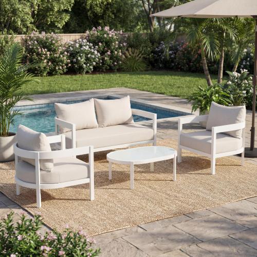 4-Piece Modern Curved Outdoor Aluminum Conversation Set, 2 Single Chairs + Loveseat + Oval Glass Coffee Table, White Frame with Weather-Resistant Cushions, Ideal for Backyard, Deck & Poolside - Beige+White - Aluminium,Waterproof Fabric