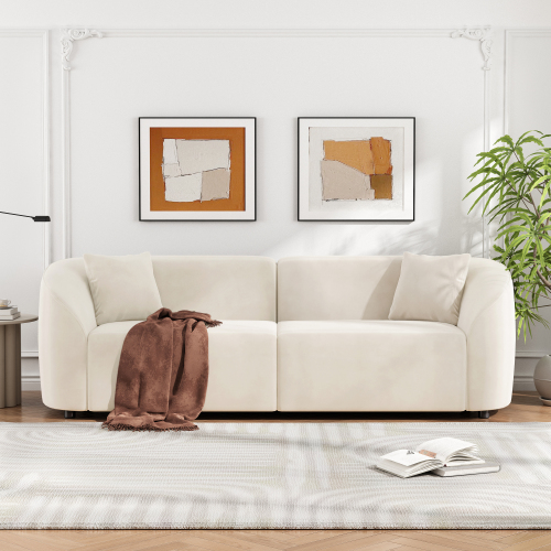 87.5-Inch Beige Velvet Curved Contemporary Plush 3-Seat Sofa