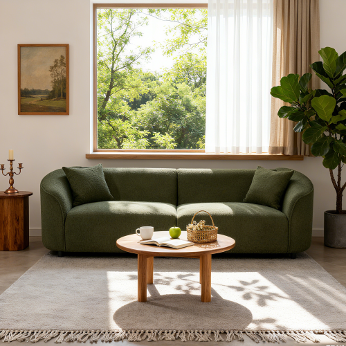 87.5-Inch Green Boucle Curved 3-Seat Sofa with Solid Wood Frame