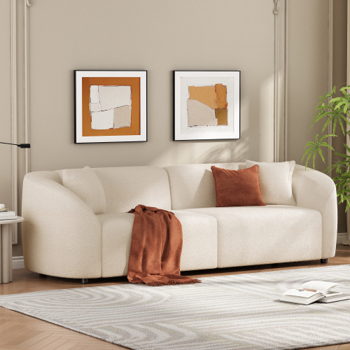 87.5-Inch Beige Boucle Curved 3-Seat Sofa with Solid Wood Frame - Beige - Boucle - 3 Seat - Beige - Not Specified