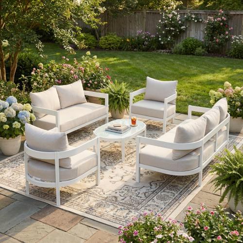 5-Piece Outdoor Curved Aluminum Patio Furniture Set, 2 Single Chairs & 1 Loveseat & 1 Three-Seater Sofa & 1 Oval Tempered Glass Coffee Table, Conversation Set for Backyard Deck Poolside, Seats 7 Adult - Beige+White - Aluminium,Glass,Waterproof Fabric