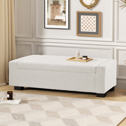 50-Inch Beige Boucle Storage Ottoman Bench, Solid Wood and MDF