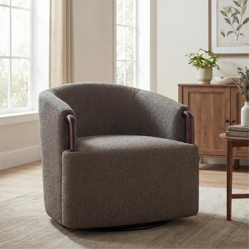 30" Modern Boucle Swivel Barrel Chair with Solid Wood Accents, Soft Durable Upholstery & 360° Swivel Base, Ideal for Living Room, Bedroom, or Office - Brown Multi - Polyester,Solid Wood