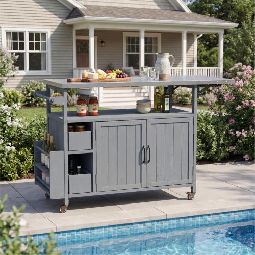 54.33" Farmhouse Rolling Outdoor Kitchen Cart, Solid Wood Frame with Stainless Steel Top, Spice Rack, Towel Rack, Lockable Wheels & Multi-Functional Storage for Patio, Backyard BBQ & Kitchen - Blue Gray - Blue Gray