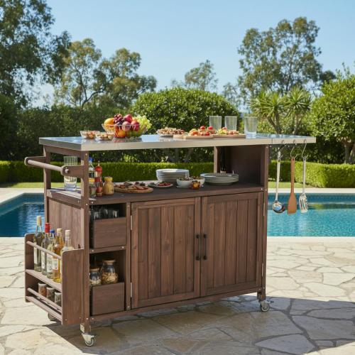 54.33" Farmhouse Rolling Outdoor Kitchen Cart, Solid Wood Frame with Stainless Steel Top, Spice Rack, Towel Rack, Lockable Wheels & Multi-Functional Storage for Patio, Backyard BBQ & Kitchen - Brown - Solid Wood,Stainless Steel - Brown