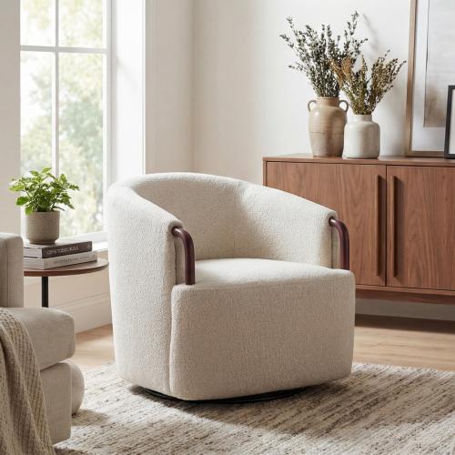 30" Modern Boucle Swivel Barrel Chair with Solid Wood Accents, Soft Durable Upholstery & 360° Swivel Base, Ideal for Living Room, Bedroom, or Office - Beige - Boucle,Solid Wood,Stainless Steel