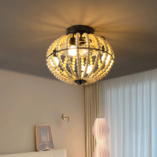18-Inch White Iron Bohemian Beaded Flush Mount Ceiling Fan