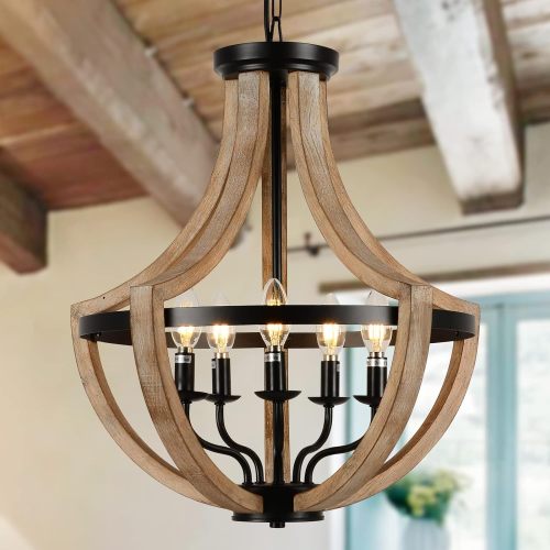 19-Inch Brown Wood and Metal 5-Light Farmhouse Chandelier Fixture