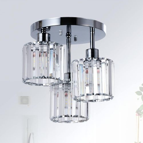 Silver 3-Light Semi-Flush Ceiling Fixture with Crystal Shades
