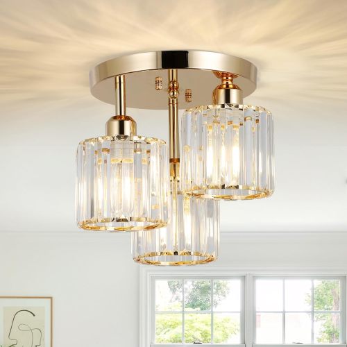 Golden 3-Light Crystal Semi-Flush Mount Ceiling Fixture, 13-Inch