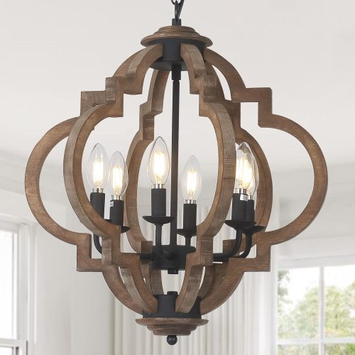 Rustic 6-Light Wood and Black Metal Farmhouse Chandelier, 15.35 Inch