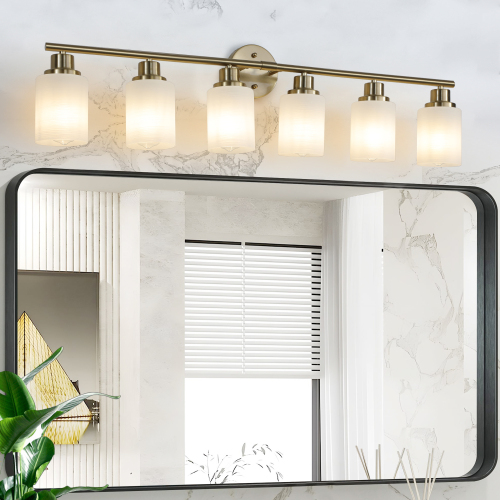 39-Inch Golden Iron 6-Light Vanity Sconce with Frosted Glass Shades