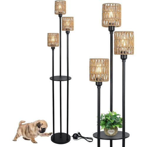 Boho 3-Light Rattan & Metal Shelf Floor Lamp, Brown/Black, 16.93 in.