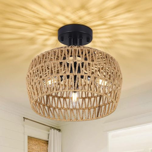 Brown 13-Inch Rattan & Metal 3-Light Semi-Flush Ceiling Light