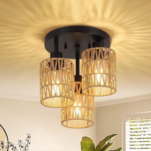 Brown Rattan and Metal Flush Mount Ceiling Light, 10.63-Inch