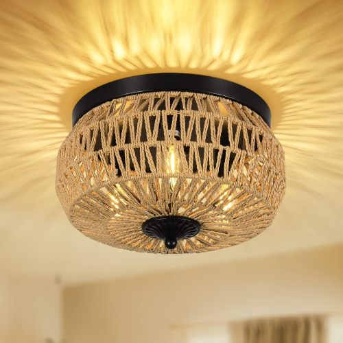 Brown 13-Inch 3-Light Woven Rattan and Metal Flush Mount