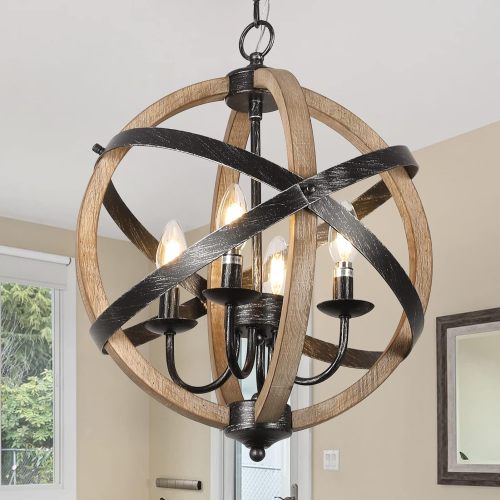 4-Light Wood and Metal Farmhouse Chandelier, 16.93 x 11.81 x 5.51 In.
