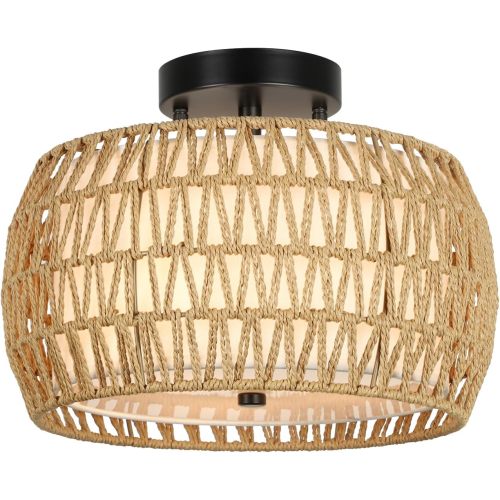 Brown 13-Inch Rattan and Metal Semi-Flush Mount Ceiling Light