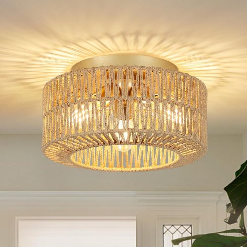 12.2-Inch 3-Light Brown & Gold Rattan-Metal Flush Mount Light