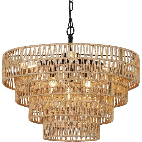 20-Inch Brown Rattan and Metal 6-Light Boho Tiered Chandelier