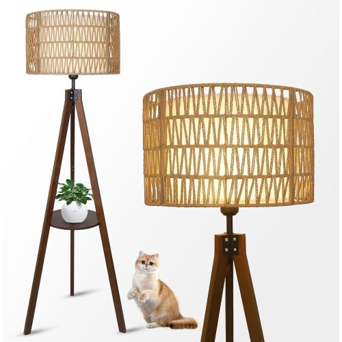 Brown Wood Tripod Floor Lamp with Rattan, Fabric Shades and Shelves