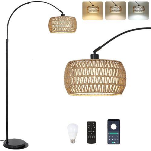 Brown & Black Rattan and Metal Arc Floor Lamp with LED Bulb