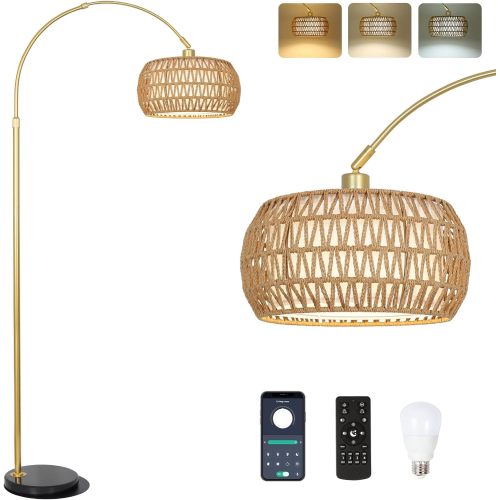 Brown & Black Rattan-Metal Arc Floor Lamp, 16.93 x 12.99 x 7.09 in.