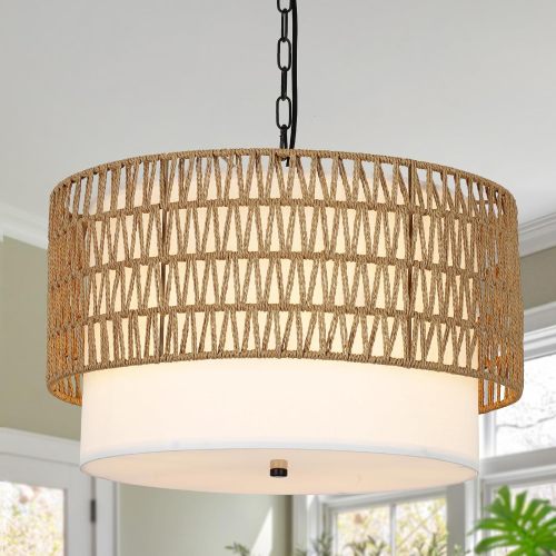 19.29-Inch Brown 5-Light Rattan and Metal Farmhouse Chandelier