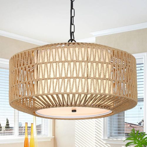 Brown 4-Light Rattan and Metal Farmhouse Chandelier, 19.69 Inch