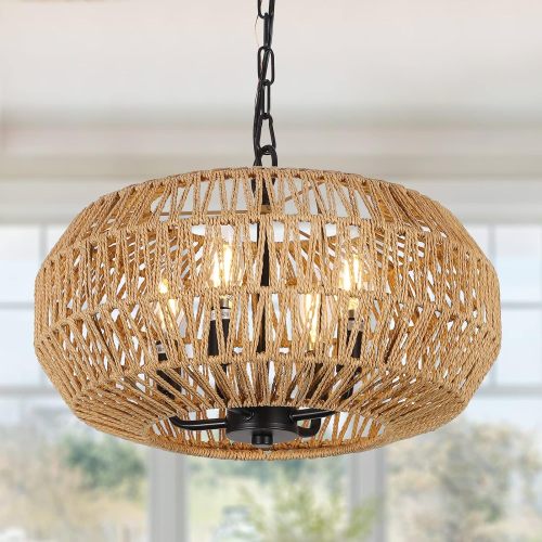 Brown 15.7-Inch 4-Light Handwoven Rattan and Metal Pendant