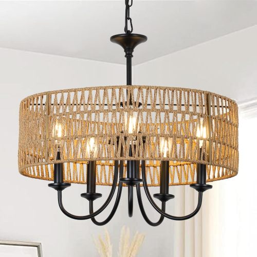 Large Brown Rattan and Metal 5-Light Farmhouse Pendant Chandelier