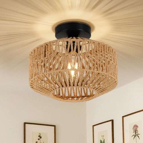 12.2-Inch Brown Rattan and Metal Boho Flush Mount Ceiling Light