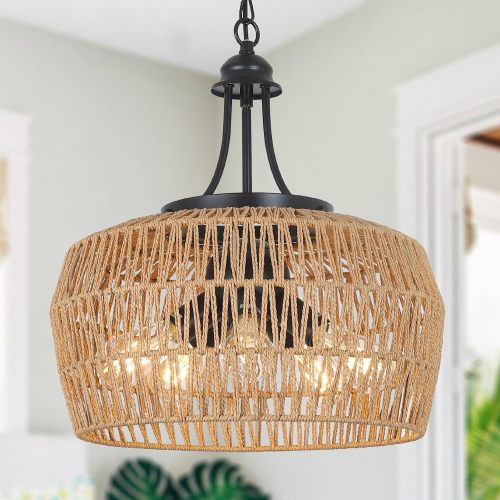13-Inch Brown Rattan and Metal 5-Light Farmhouse Pendant Chandelier