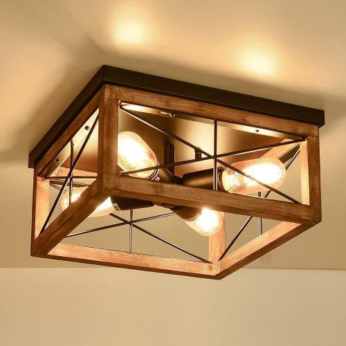 13-Inch 4-Light Farmhouse Wood and Black Metal Flush Mount Ceiling Light