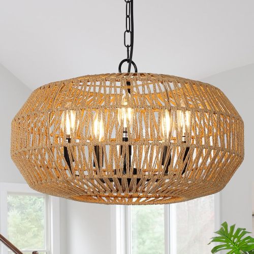 15.7-Inch Brown Rattan and Metal Boho Farmhouse Pendant Light