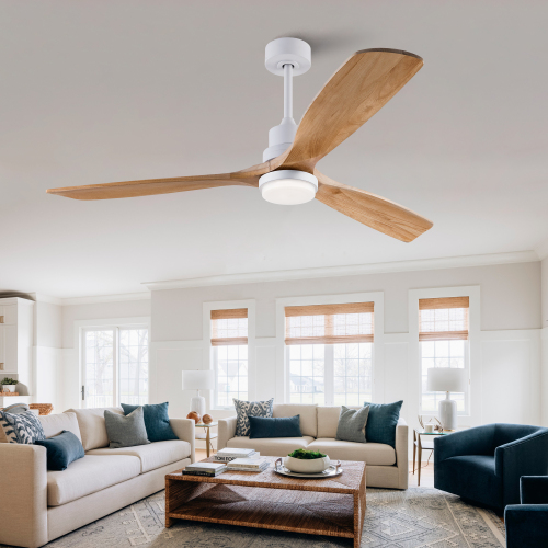 Hot sales 60 Inch Modern Ceiling Fan With 3 Color Dimmable 3 Solide Wood Blades Remote Control Reversible DC Motor With Led Light - Oak Natural Wood + Antique White - Solid Wood - Antique White - Solid Wood - 60-Inch