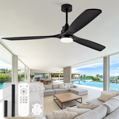 70-inch Black Thickened Solid Wood Three-Blade Propeller Ceiling Fan Light, 3CCT, Dimmable, Quiet Reversible DC Motor with Remote Control, Ideal for Large Living Rooms and Open-Concept Courtyards