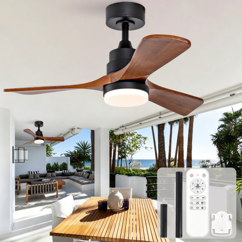 36-inch ceiling fan light with remote control, 3 walnut-colored solid wood blades, quiet DC motor, 6-speed adjustment, reversible rotation, 3CCT, dimming function, ideal for small home spaces - Walnut+black - black