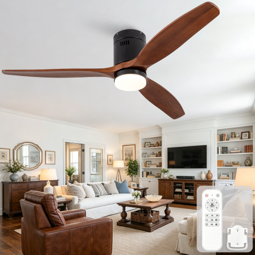 52-inch Straight-Tube Ceiling-Mounted Solid Wood Three-Blade Ceiling Fan Light, 3CCT, dimmable, reversible DC motor with remote control, suitable for living rooms, master bedrooms, sunrooms - Black + Dark Walnut - black