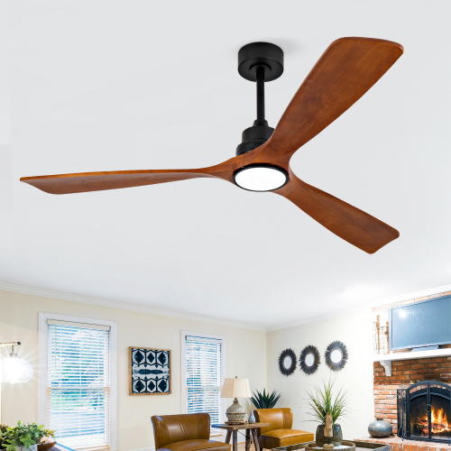 New Model 60 Inch Ceiling Fan With 18W Led Light 3 Solid Wood Blades Remote Control Reversible DC Motor For Home - Black + Dark Walnut - Dark Walnut - 60-Inch