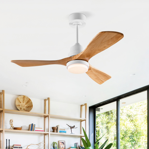 Hot sales 42 Inch Modern Ceiling Fan With 3 Color Dimmable 3 Solide Wood Blades Remote Control Reversible DC Motor With Led Light - Oak Natural Wood + Antique White - Solid Wood - Antique White - Solid Wood - 42-Inch