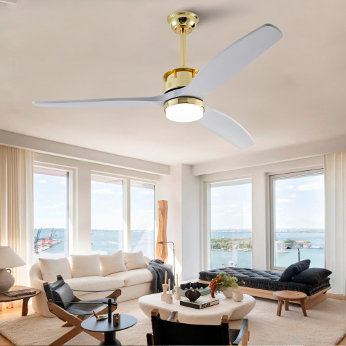 52 Inch White and Gold Ceiling Fans with Lights and Remote, 3 Solid Wood Blades, 6 Speeds, Quiet DC Motor, Dimmable LED, Modern Gold Ceiling Fan for Indoor Bedroom,Living Room,Patio - Gold+White - 52-Inch