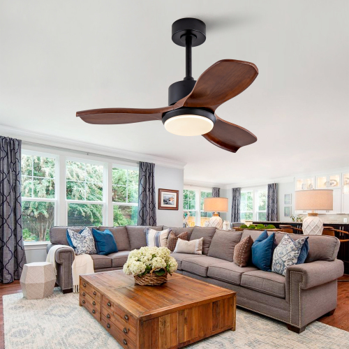 36" Wood Ceiling Fan with Lights Remote Control,Quiet DC Motor 3 Blade Ceiling Fans for Patio Living Room, Bedroom, Office,Indoor Outdoor(Black+Dark Walnut) - Black + Dark Walnut - Solid Wood