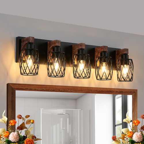 44.3-Inch 5-Light Iron and Wood Wall Sconce in Walnut Black